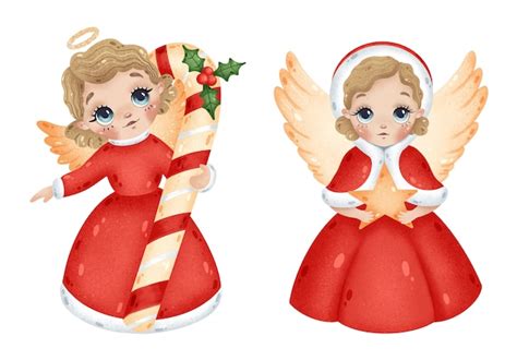 Premium Vector Cute Cartoon Christmas Girls Angels With Star And