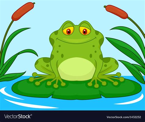 Cute Green Frog Cartoon On A Lily Pad Royalty Free Vector