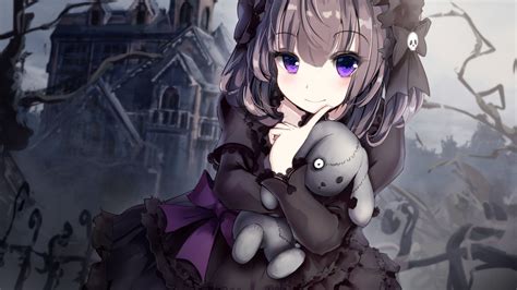 Wallpaper Anime Girl Loli Gothic Teddy Bear Black Dress