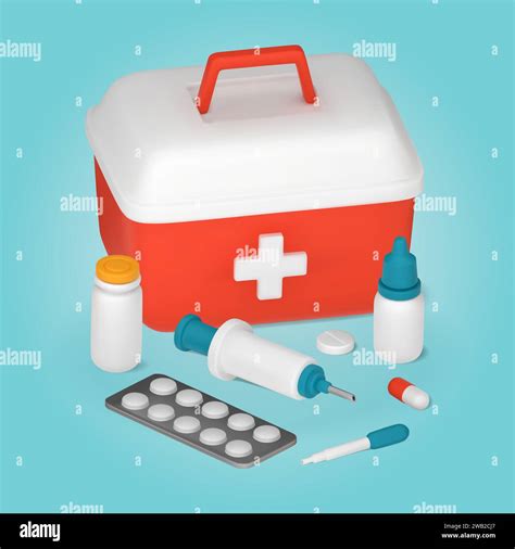 First Aid Kit And Medical Equipment Pills Syringe Pipette 3d Vector
