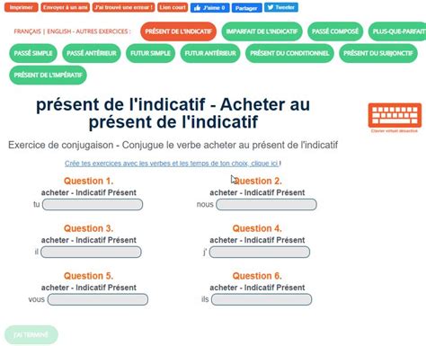 𝗘𝘅𝗲𝗿𝗰𝗶𝗰𝗲 𝗱𝗲 𝗰𝗼𝗻𝗷𝘂𝗴𝗮𝗶𝘀𝗼𝗻 𝗔𝗰𝗵𝗲𝘁𝗲𝗿 𝗮𝘂 Présent 𝗱𝗲 𝗹𝗶𝗻𝗱𝗶𝗰atif Exercices
