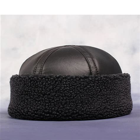 Hl014 New Mens Beanie Black Sheepskin Shearling Fur Hat Real Leather