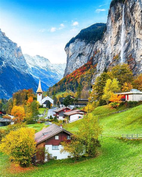 Gorgeous Autumn Landscape Of Alpine Village Lauterbrunnen With The