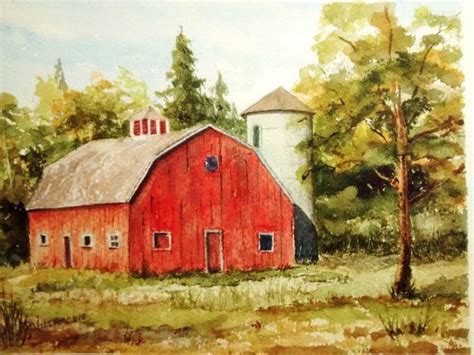 Print Of Original Watercolor Painting Red Barn Weathered Barn Farm