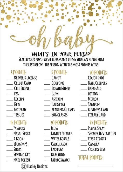 Hadley Designs 25 Gold Whats In Your Purse Baby Shower