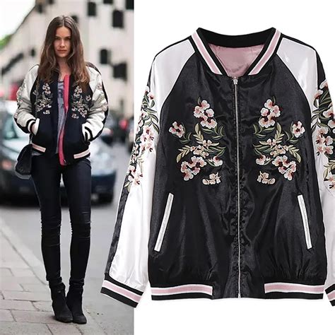 Embroidery Flower Pilots Vintage Oriental Flower Phoenix Bird Short Jacket Women Contrast Bomber