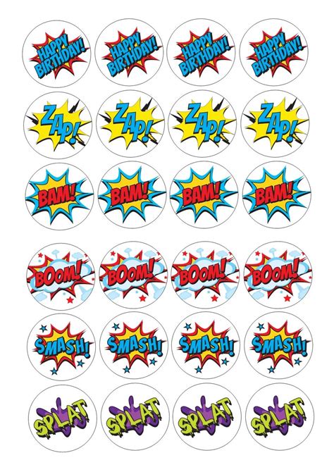 24 Edible Cake Toppers Decorations Pow Action Words Slang Superhero D2