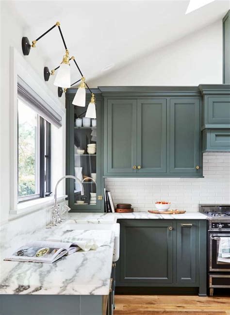 Appliance tall units and cupboards to personalise this composition with olive green colour gloss lacquered and grey oak colour veneered doors. Moody Green Kitchen Cabinet Paint Colors - Bright Green Door