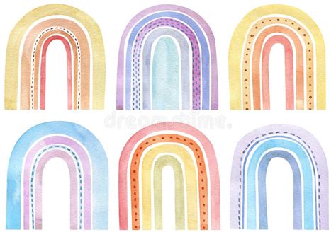 Watercolor Set Of Colorful Cartoon Style Rainbows Cute Childish Hand