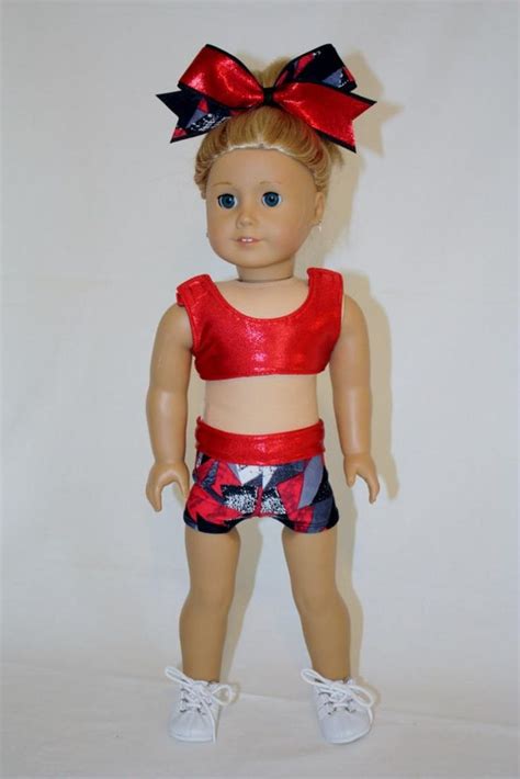 cheer outfit for american girl 18 doll sports bra shorts and bow red and red geo print