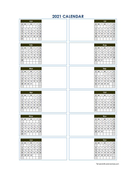 2021 Blank Yearly Calendar Template Vertical Design Free Printable