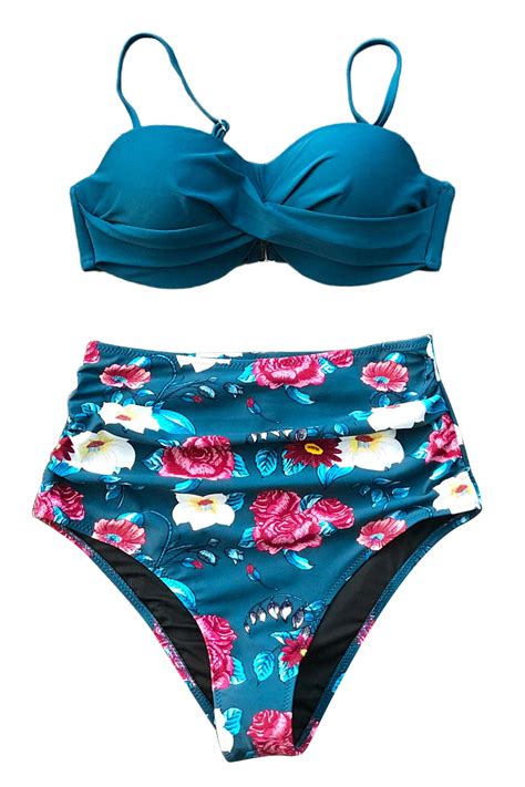 Cupshe Womens High Waist Bikini Swimsuit Twist Floral Print Two Piece Bathing Suit Beachwear