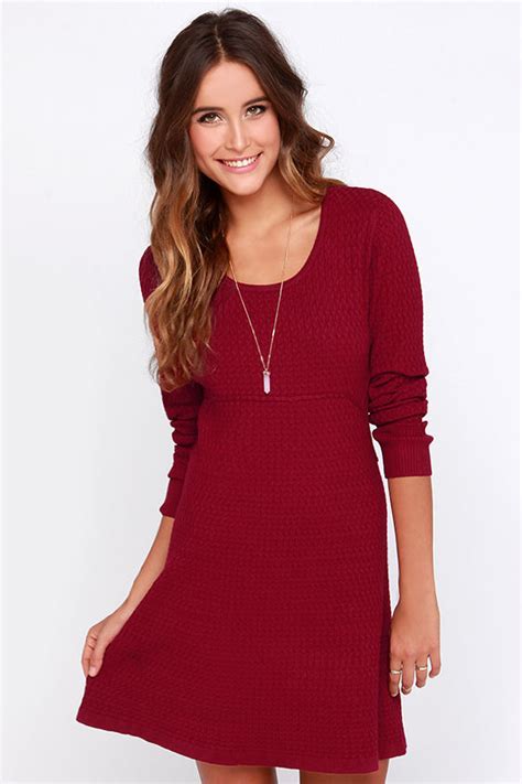 Chic Wine Red Dress Sweater Dress Long Sleeve Dress 7700