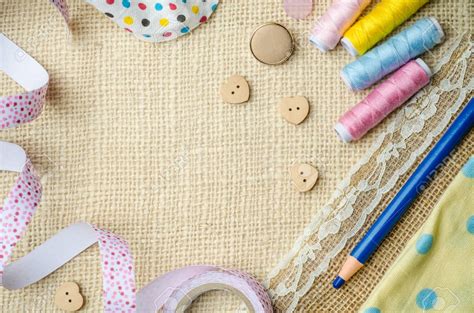 Download Handmade Craft Materials On Burlap Sack Background Stock