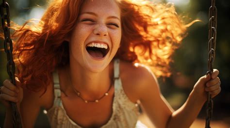 Freckle Faced Redhead Girl Bursting Into Laughter As She Flies On A Swing