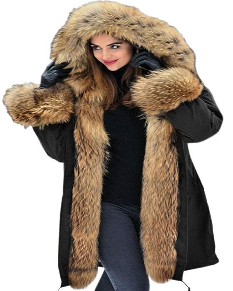 Womens Hooded Faux Fur Lined Warm Coats Parkas Anoraks Outwear Winter Long Jackets Black