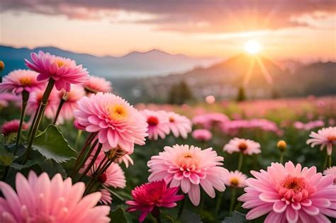 Premium Ai Image Pink Flowers In A Field Of Pink Flowers At Sunset