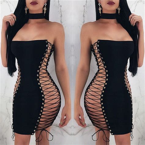 Black Strapless Sexy Bandage Dresses 2018 Women Summer Sleeveless Hollow Out Lace Up Party