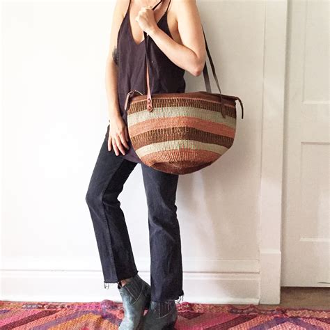 Vintage Sisal And Leather Market Bag Ethnic Straw Straw Bag