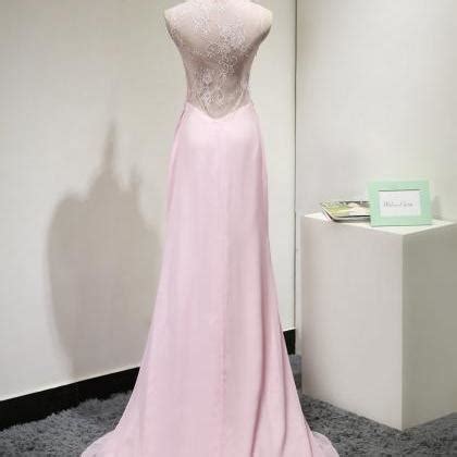 Pink Plunging V Neck Sheath Silk Chiffon Formal Gown With Sheer Lace
