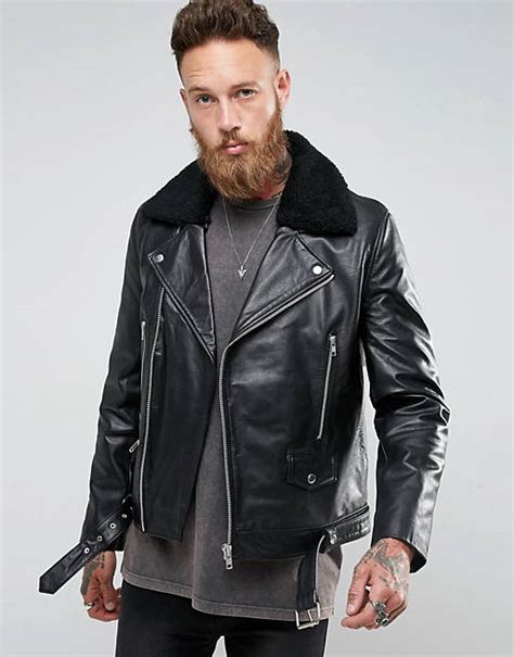 Asos Leather Biker Jacket With Fleece Collar In Black Asos