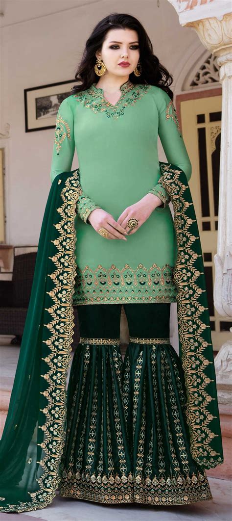 Bollywood Green Color Satin Silk Fabric Salwar Kameez 1599746