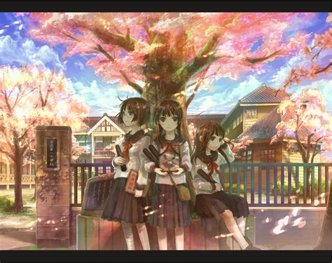 Safebooru 3girls Bandages Braid Cherry Blossoms Cloud Death Fuji