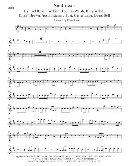 Sunflower Arr Kevin Busse Sheet Music Post Malone And Swae Lee Violin Solo