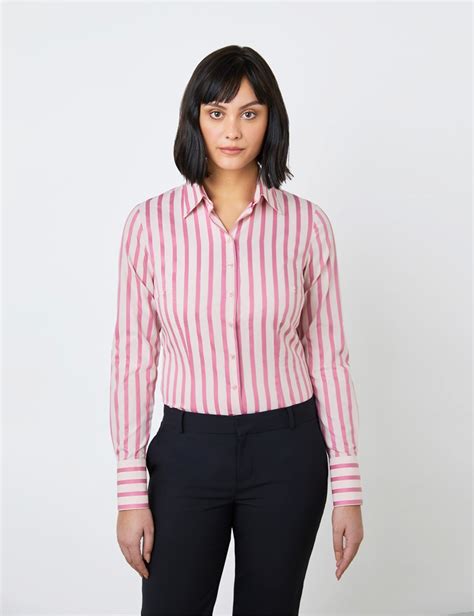 Cotton Womens Fitted Shirt With Bi Colour Stripe Design In Pink