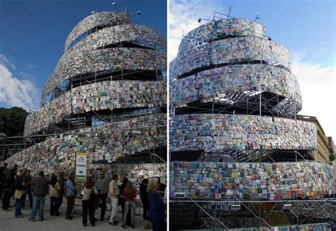 Sadly, human beings aren't quite doing that today. Spiraling Tower of Babel Made From 30,000 Donated Books ...