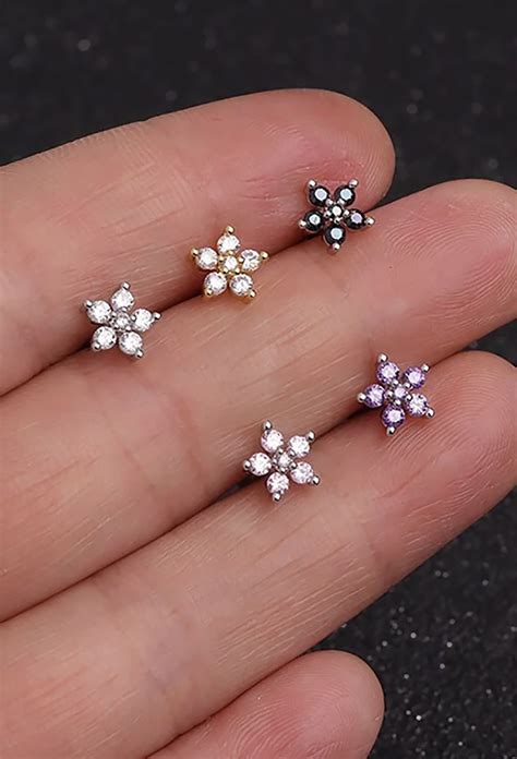 Petals Crystal Flower Ear Piercing Jewelry 16G Earring Studs In Silver