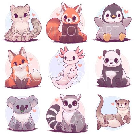 Kawaii Animal Stickers Andor Prints 6x6 Or 8x8 Etsy Cute Animal