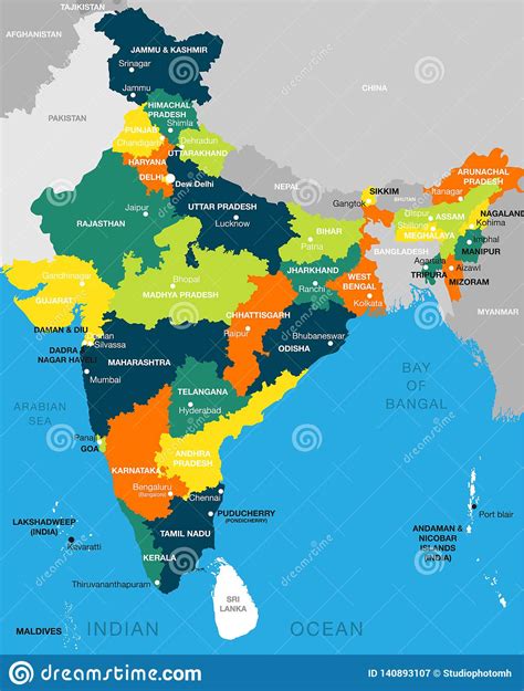 Illustration Of Detailed Map Of India Vector Asia With All States And