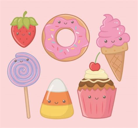 An Assortment Of Cute Food Items On A Pink Background Including Donuts