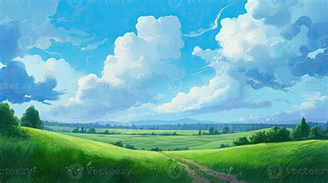 Anime Style Artwork Of Serene Pastoral Scenes Fields Clouds And Dirt