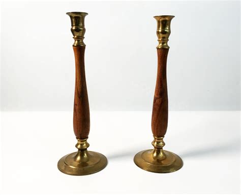 2 Vintage Brass And Wood Candlesticks Pair Of Tall Brass Candlesticks
