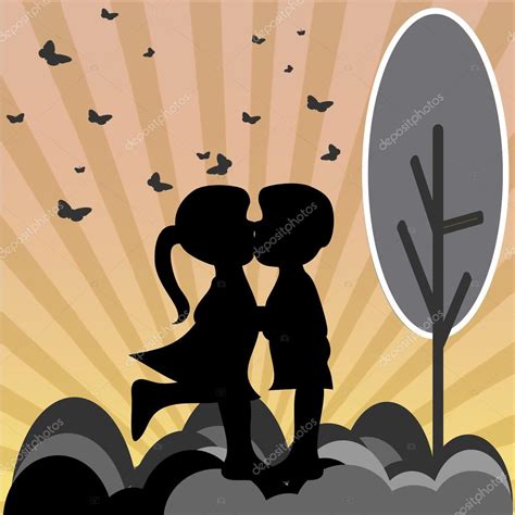 Silhouettes Of A Girl And A Boy Kissing Background A Sunset Stock