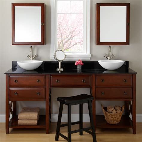 They're typically built with the same material and counter top as the vanities, but installed at a slightly lower height. 72" Clinton Double Vessel Sink Vanity with Makeup Area ...
