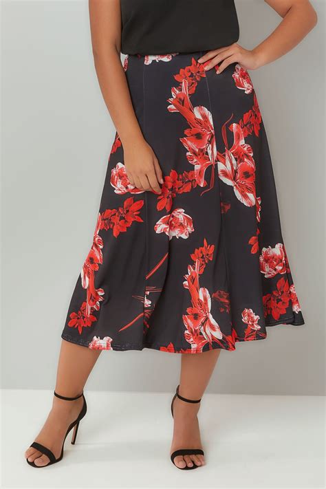 Black And Red Floral Print Midi Jersey Skirt Plus Size 16 To 36