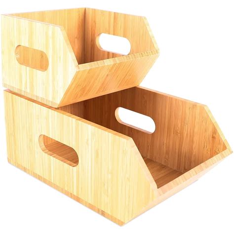 Set Of 2 Stackable Bamboo Food Storage Box Bin For Kitchen Pantry