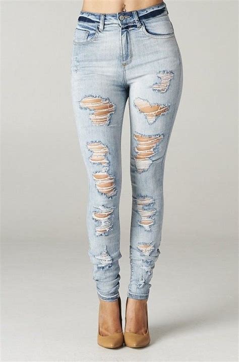 High Rise Skinny Jeans Ripped Destroyed Women Light Weight Denim