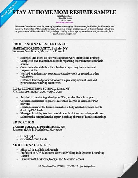 Resume Template For Stay At Home Mom Returning To Work