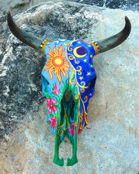 Hand Made Painting Skull Day And Night Deer Skull Art Cow Skull