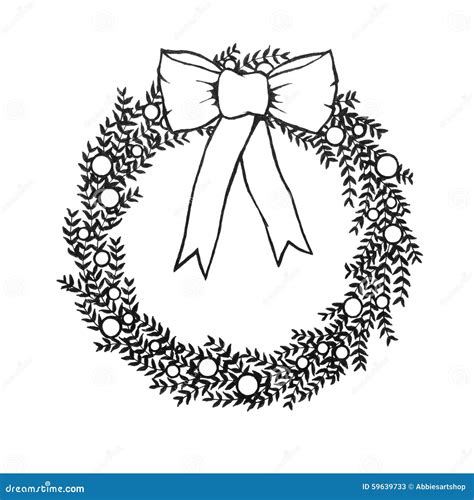 Black And White Christmas Wreath With Bow Hand Drawn Illustraiton