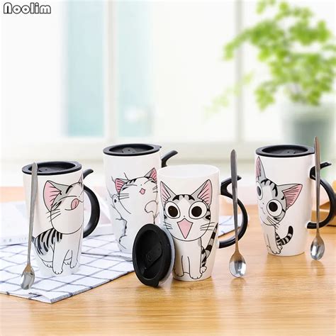 Noolim Cute Cat Style Ceramic Mugs With Lid And Spoon Cartoon Creative