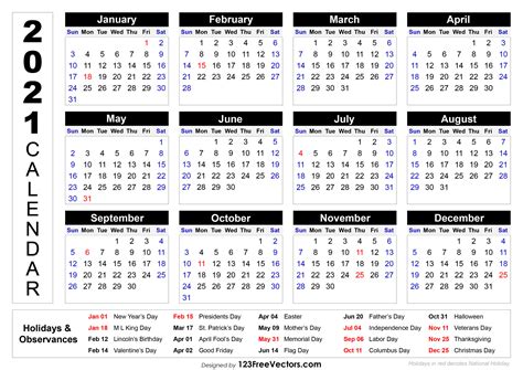 • printable yearly calendar 2021 with 12 month calendar 2021 on one page, including federal. 2021 Calendar Holidays And Observances | Printable ...