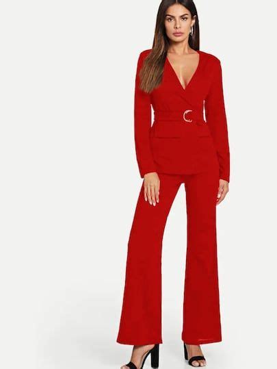 Shein Self Belted Wrap Top And Flare Leg Pants Set Flare Leg Pants Two Piece Outfit Leg Pants