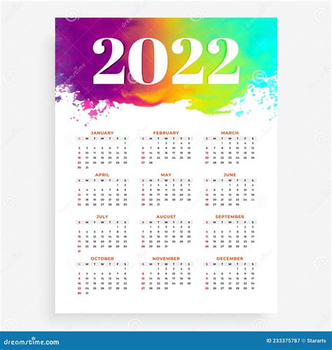 Abstract 2022 Calendar In Watercolor Style Stock Vector Illustration
