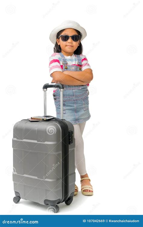 Portrait Of Cute Asian Girl Wear Sunglasses With Suitcase Isolated On White Background Travel