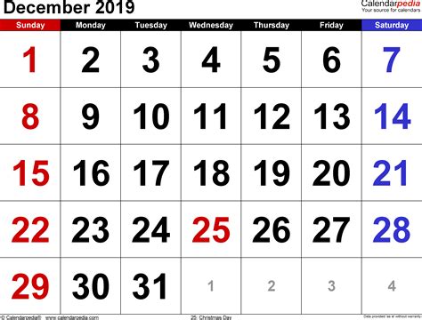 December 2019 Calendars For Word Excel Amp Pdf